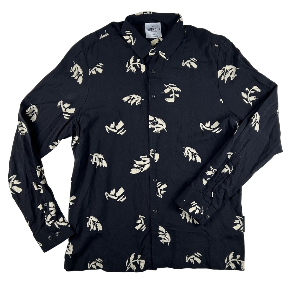 YoungLA Shirt Mens Large Black Floral Print Long Sleeve Button Front Casual